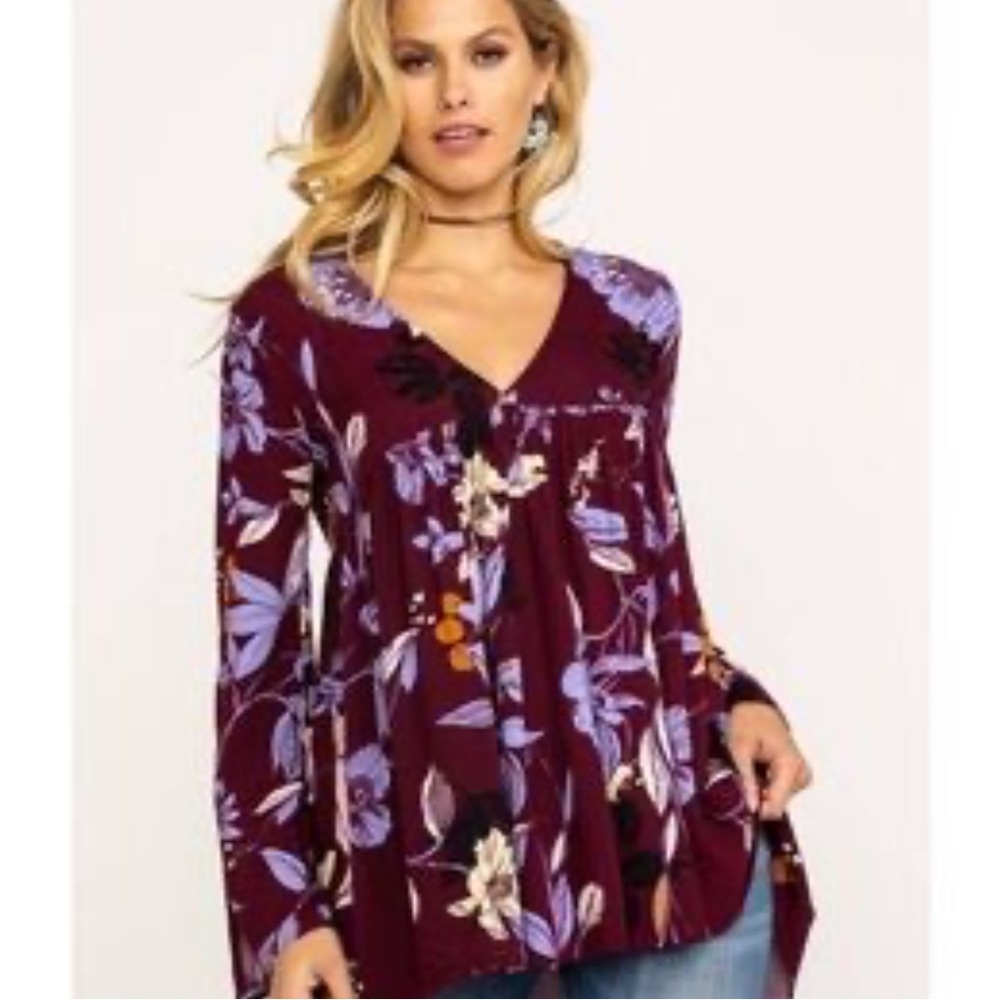 Free People Bella Floral Bell Sleeve Tunic Maroon Print V-Neck Blouse Meduim